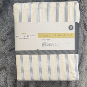 Threshold Vintage-Washed Percale Sheet Set in White and Light Blue Stripes